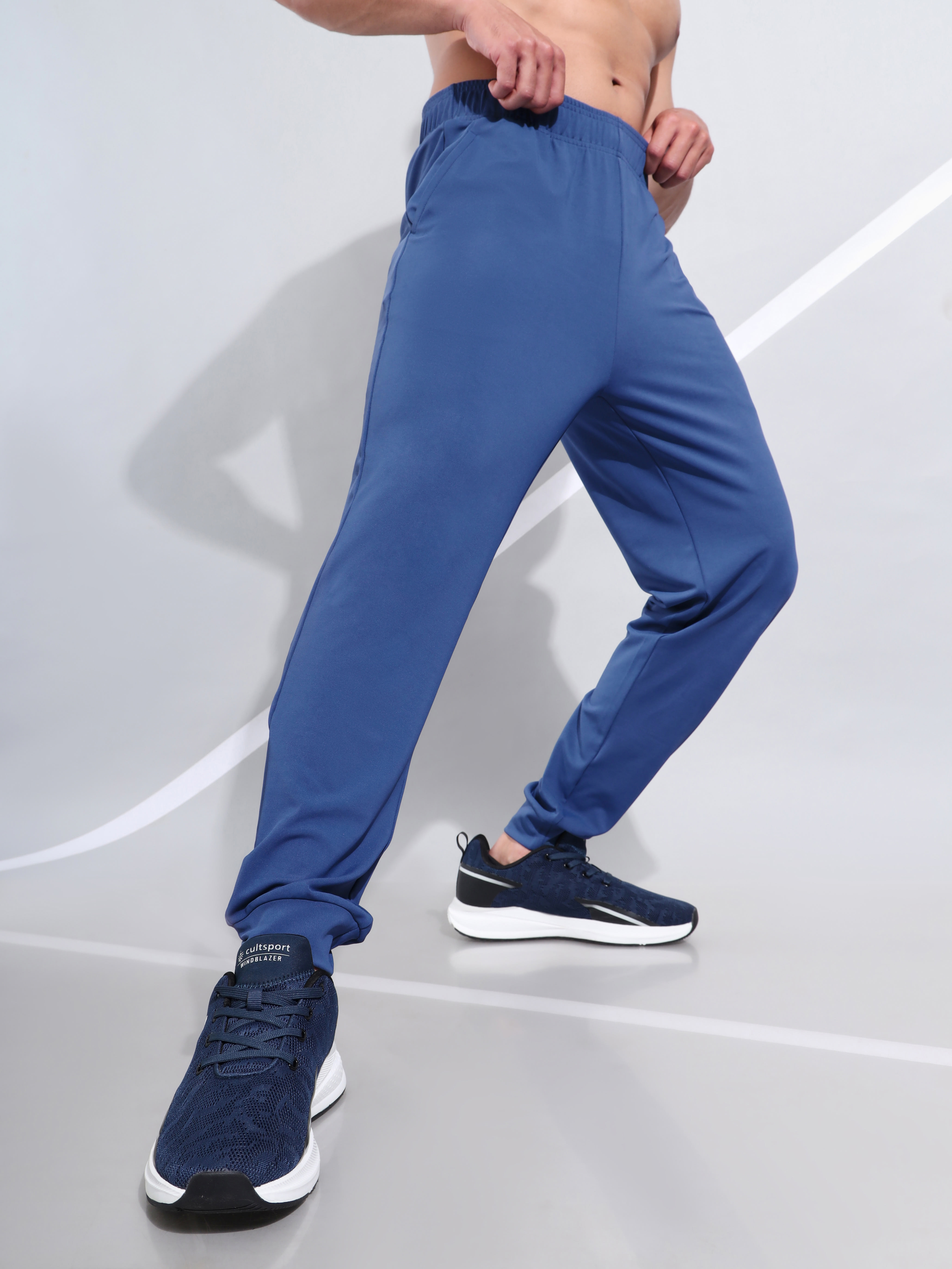 Men's Gym Track Pants Slim Fit Joggers 500 With Side Panel- Blue