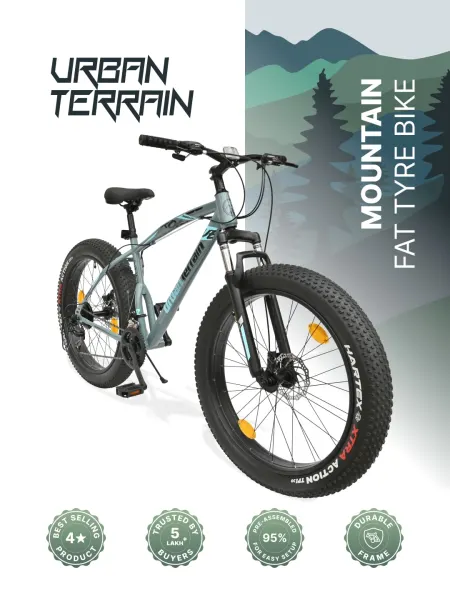 Rogue Mountain Bike Steel 21 Speed Cycle 26 inch Fat Tyre, Grey With Front Suspension and Dual Disc Brakes, Ideal For 5 ft to 5.7 ft