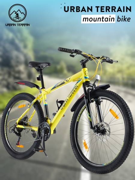Mountain Cycle Alloy 21 Speed Shimano Gear 26 inch, Yellow With Front Suspension, Double Wall Rim and Dual Disc Brakes Ideal For 5 ft to 5.7 ft, Free Trainer Sessions and Cycling Event