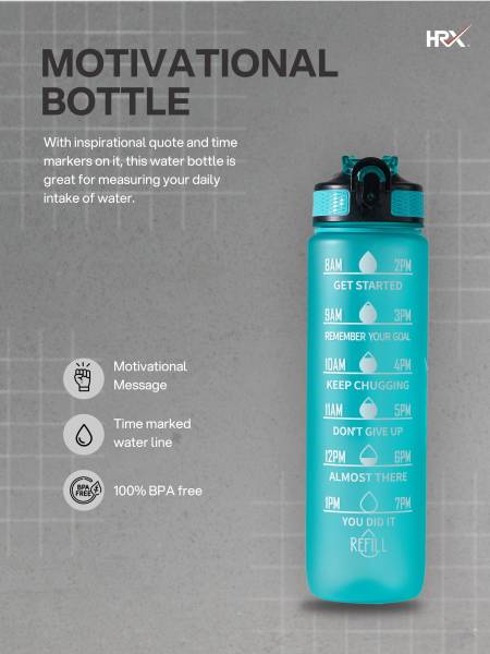 HRX Motivational Water Bottle | 1 Litre Sipper Bottle For Adults, Kids | Time Mark Sipper With Straw | For Gym, Office, Home, School Water Bottle | Mint Green