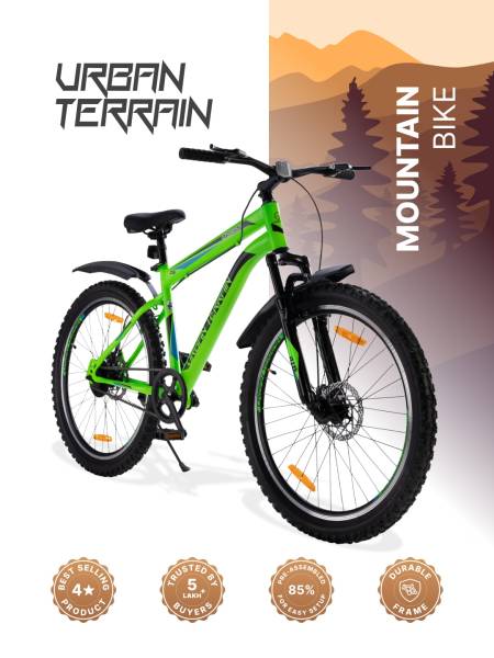 UT5000S26 Mountain Bike Steel Single Speed Cycle 26 Inch Tyre, Dual Disc Brake, Front Suspension, Double Wall Alloy Rim, Green, Free Trainer Sessions, Cycling Event