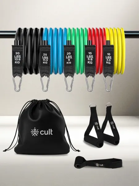 Cult Resistance Band Set of 11 | With Handles, Portable Toning Tubes | With Door Anchor & Foam Handles | Resistance Tube Kit with Bag and Ankle Straps Included