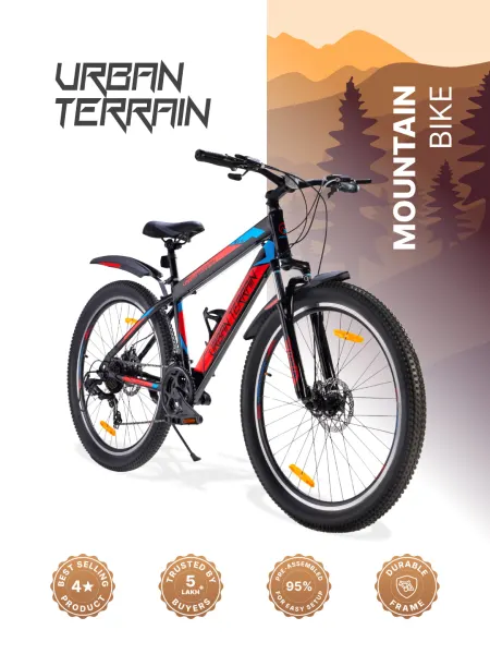 UT2000 Mountain Bike Steel 21 Speed Cycle Shimano Gear 27.5 inch Tyre, Red With Front Suspension and Dual Disc Brakes Ideal For 5.2 ft to 6 ft