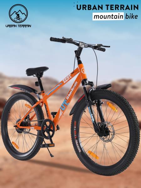Mountain Bike Steel Single Speed Cycle 24 inch, Orange Dual Disc Brakes, Front Suspension Free Trainer Sessions, Cycling Event