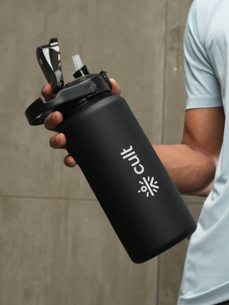 cult Motivational Bottle 2L Unisex Time Mark Sipper with Straw Black