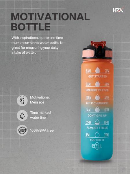HRX Motivational Water Bottle | 1 Litre Sipper Bottle For Adults, Kids | Time Mark Sipper With Straw | For Gym, Office, Home, School Water Bottle | Orange Teal