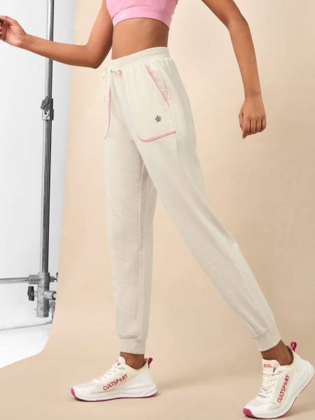 Women's Beige Melange Pop Up Thread Leisure Joggers
