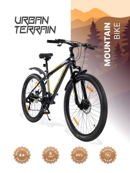 UT1000S26 Mountain Bike Steel 21 Speed Cycle Shimano Gear 26 inch, Yellow With Front Suspension and Dual Disc Brakes Ideal For 5 ft to 5.7 ft