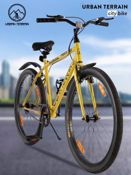City Bike Steel Single Speed Cycle 26 inch, Yellow, Free Trainer Sessions, Cycling Event and Ride Tracking App