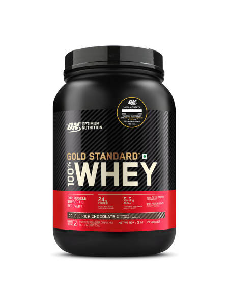 Optimum Nutrition (ON) Gold Standard 100% Whey Protein Powder 2 lbs, 907 g (Double Rich Chocolate), for Muscle Support & Recovery, Vegetarian - Primary Source Whey Isolate