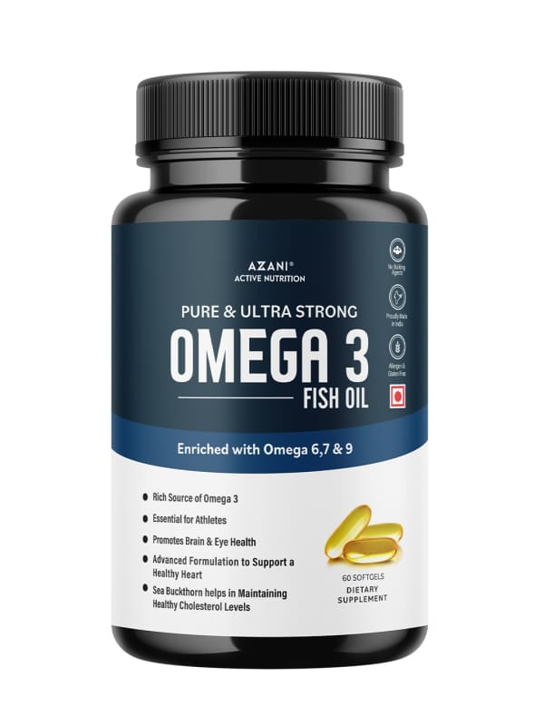 Azani Pure & Ultra-Strong Omega 3 Fish Oil | Omega 3(1000mg)+Omega 6,7 & 9 + Vitamin D3, 60 Capsules