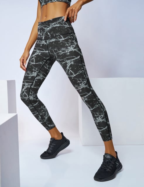 Marble Print Stitching Trim Sports Leggings