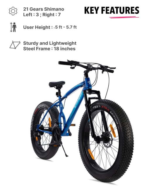 Shop for Monstro26T21SBlUE Steel 21 Speed Shimano Gear 26 inch Fat Bike Front Suspension Single Wall Rim Dual Disc Brake Free Trainer Sessions and Cycling Event geared cycle Online Cultsport