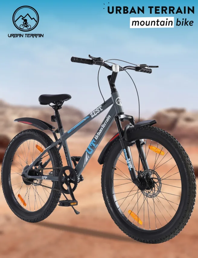 Zest Mountain Bike Steel Single Speed Cycle 24 inch Tyre With Dual Disc Brakes Front Suspension Free Trainer Sessions Cycling Event Grey