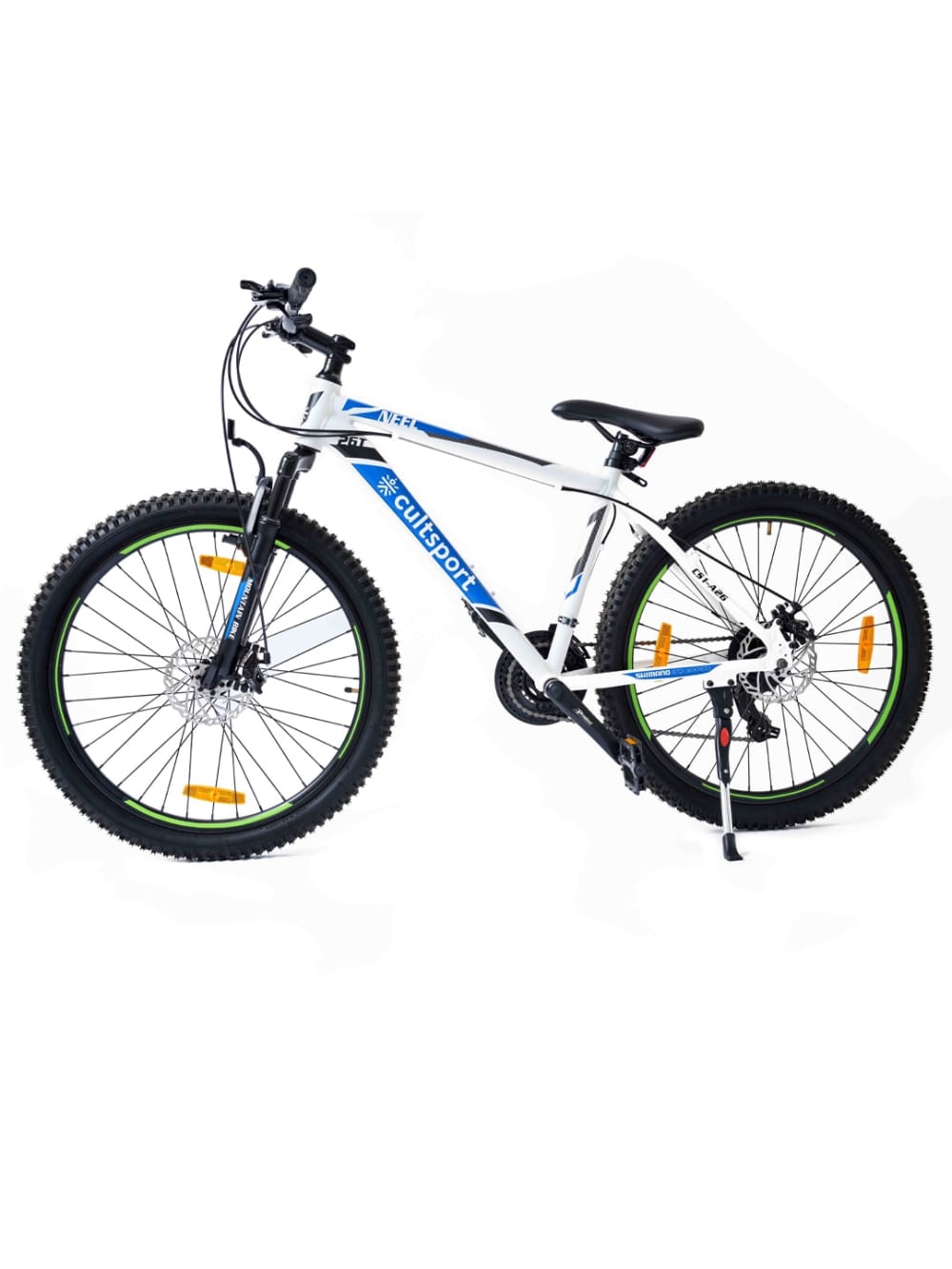 Shop for Neel Alloy 21 Speed Shimano Gear 26 inch Mountain Cycle Dual Disc Brake Front Suspension Double Wall Alloy Rim White Free Trainer Sessions Cycling Event geared cycle Online Cultsport